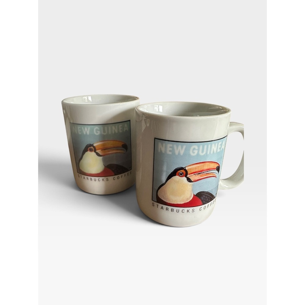 Starbucks Coffee New Guinea Toucan Ceramic Mug Set of 2 White Vintage Style